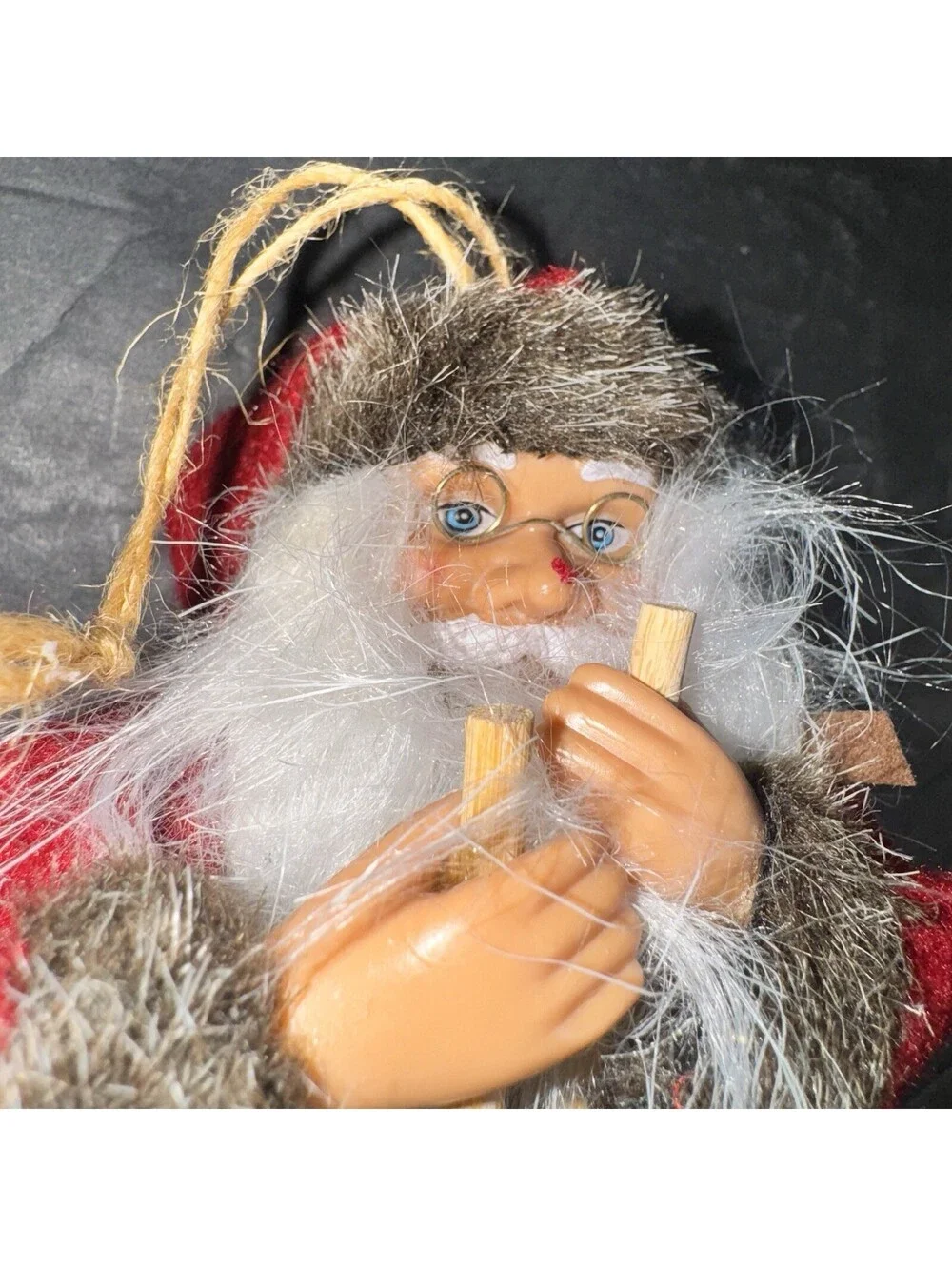 Vtg Santa Claus Skiing Figurine 7” Wooden Skis & Poles Faux Fur Trim Christmas